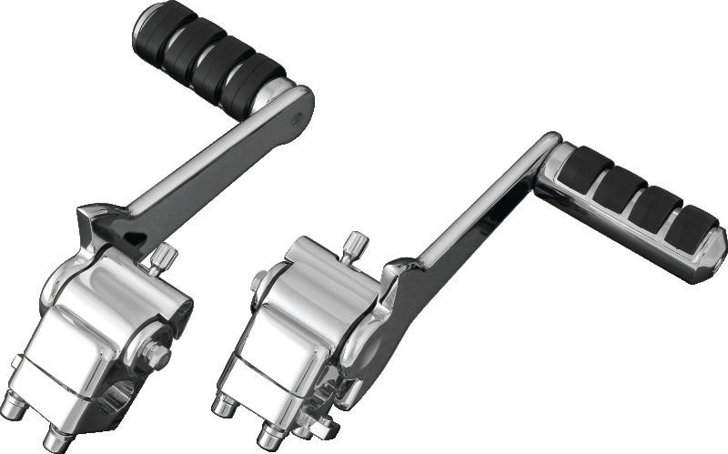 Kuryakyn adjustable passenger foot pegs in chrome for motorcycles, featuring versatile design and secure mounting on bike footrests.