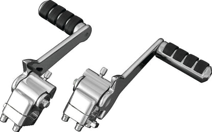 Kuryakyn adjustable passenger foot pegs in chrome for motorcycles, featuring versatile design and secure mounting on bike footrests.