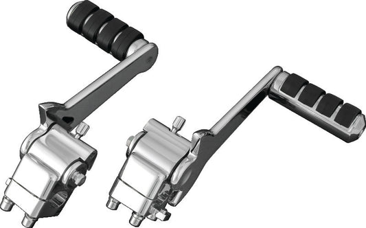 Kuryakyn adjustable passenger foot pegs in chrome for motorcycles, featuring versatile design and secure mounting on bike footrests.