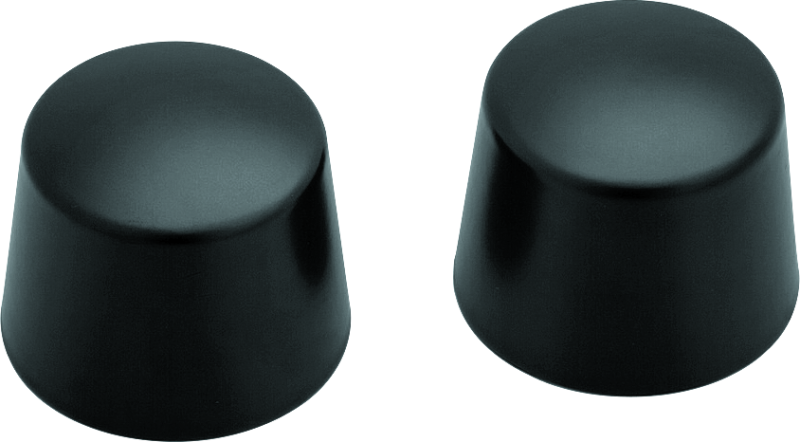 Kuryakyn satin black front axle nut caps for Harley Davidson touring models, showing close-up of sleek black axle covers.