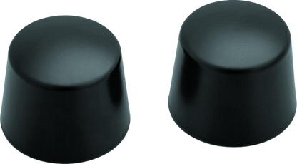 Kuryakyn satin black front axle nut caps for Harley Davidson touring models, showing close-up of sleek black axle covers.