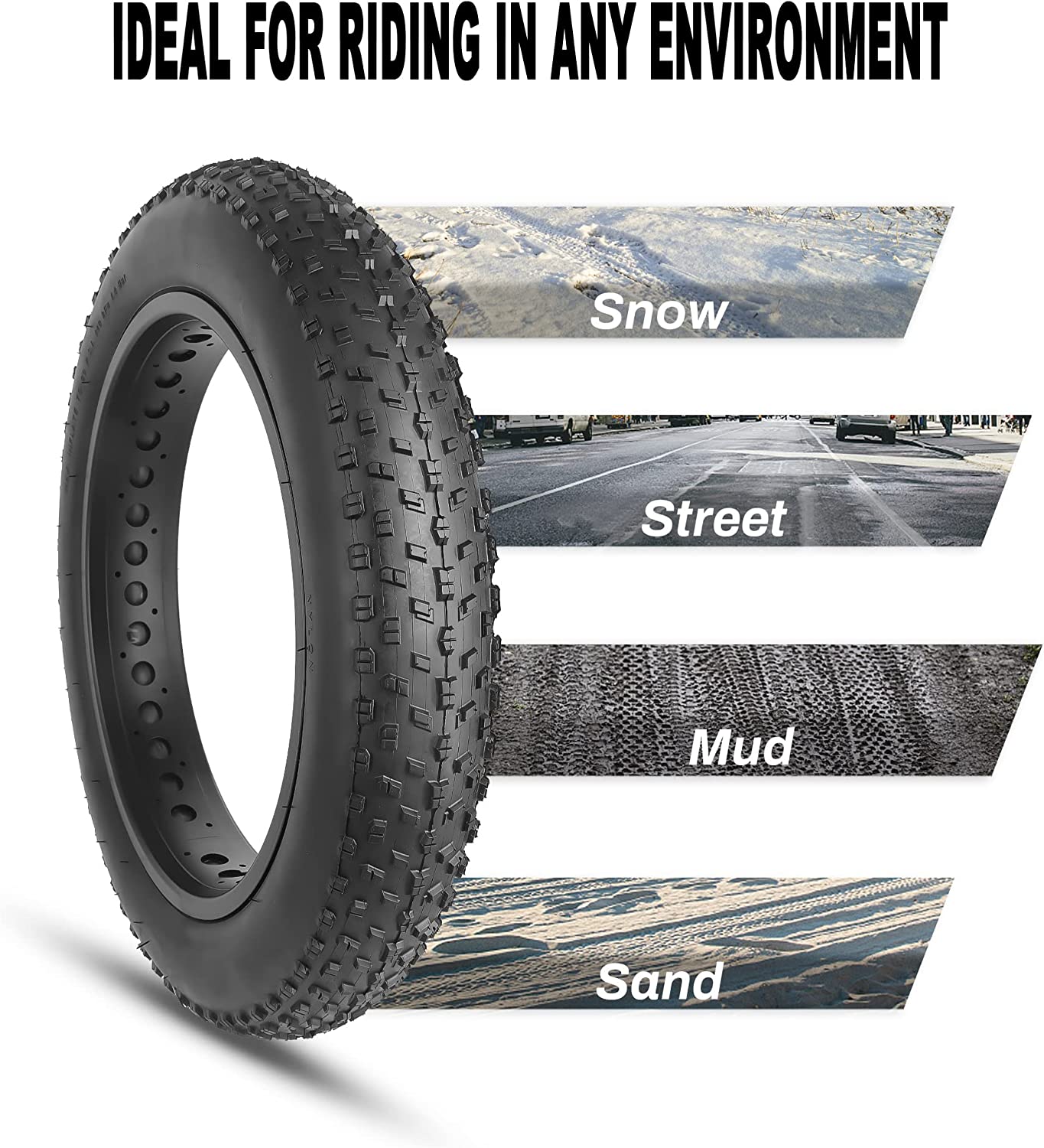Hycline Raider E-Bike & Fat Bike tire with rugged tread pattern for off-road cycling, shown in black with knobby design.