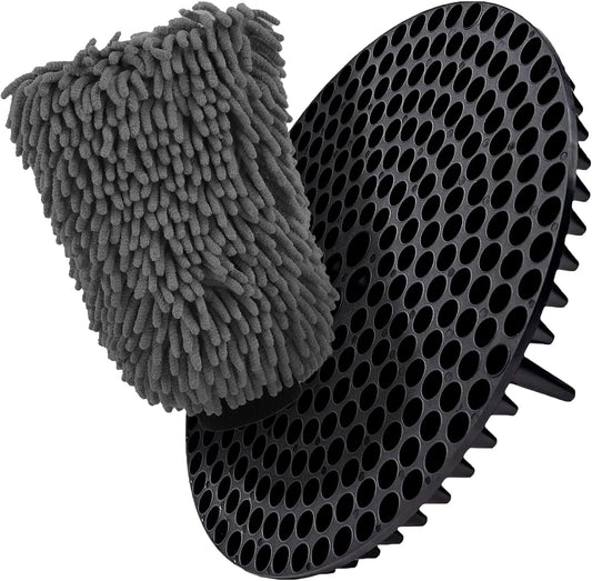 WASH&WHIPS Chenille Premium Scratch-Free Microfiber Lint-Free Blue Wash Mitt 8" x 10"in & Black Pitstop Particle Interceptor - Howling Moto