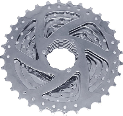 Hycle 9-speed 11-32T bicycle cassette with metal sprockets and black finish, designed for smooth gear shifting on bikes