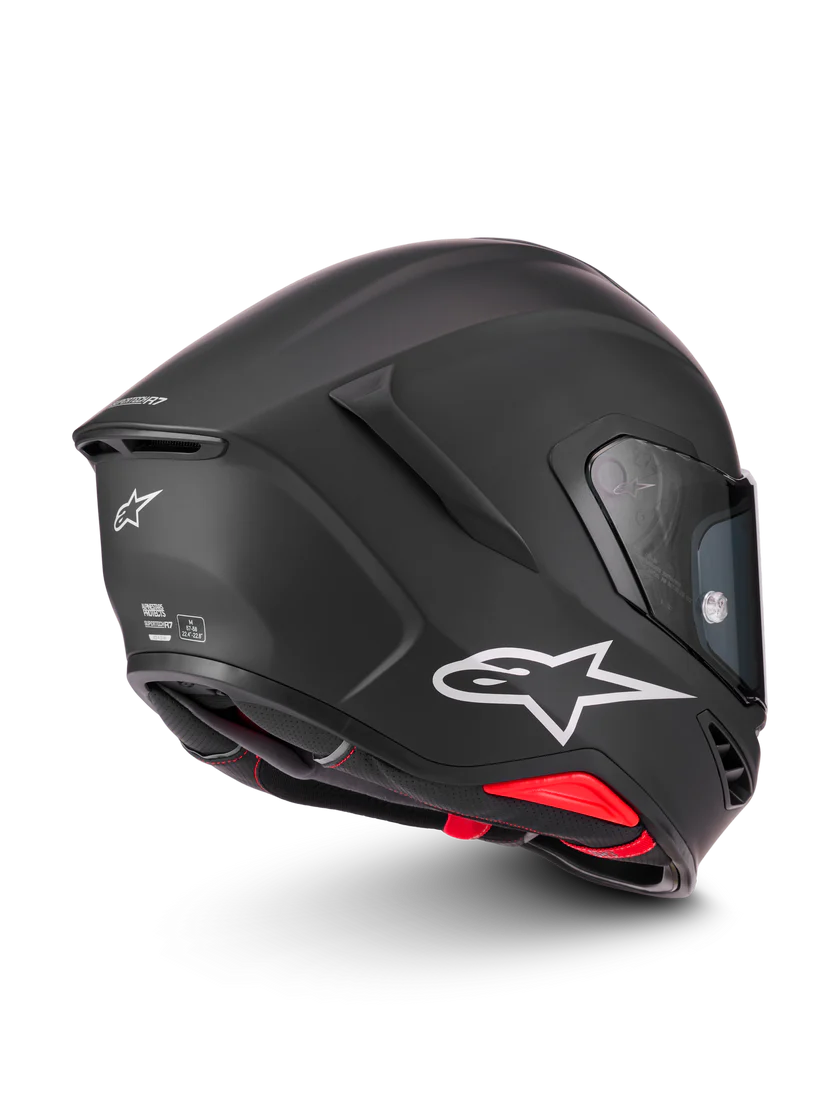 Alpinestars R7 Solid helmet with sleek design, featuring ECE 22.06 and DOT certification for motorcycle safety.