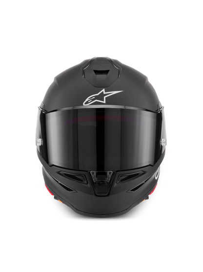 Alpinestars R7 Solid helmet with ECE 22.06 and DOT certification, shown in black with sleek design and ventilation features.