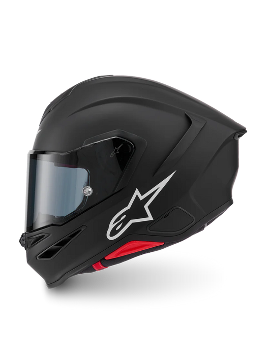 Alpinestars R7 Solid helmet with ECE 22.06 and DOT certification, black full-face motorcycle helmet on a plain background.