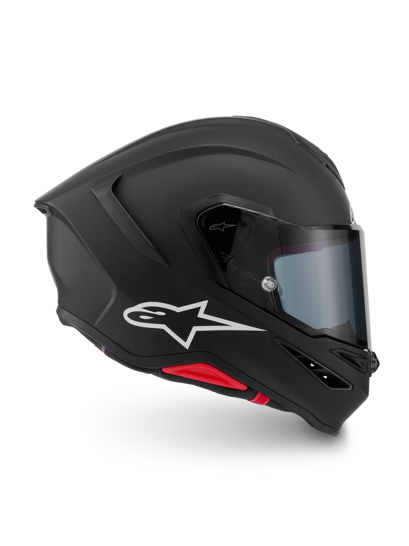 Alpinestars R7 Solid helmet with ECE 22.06 and DOT certification, featuring a sleek black design and secure strap.