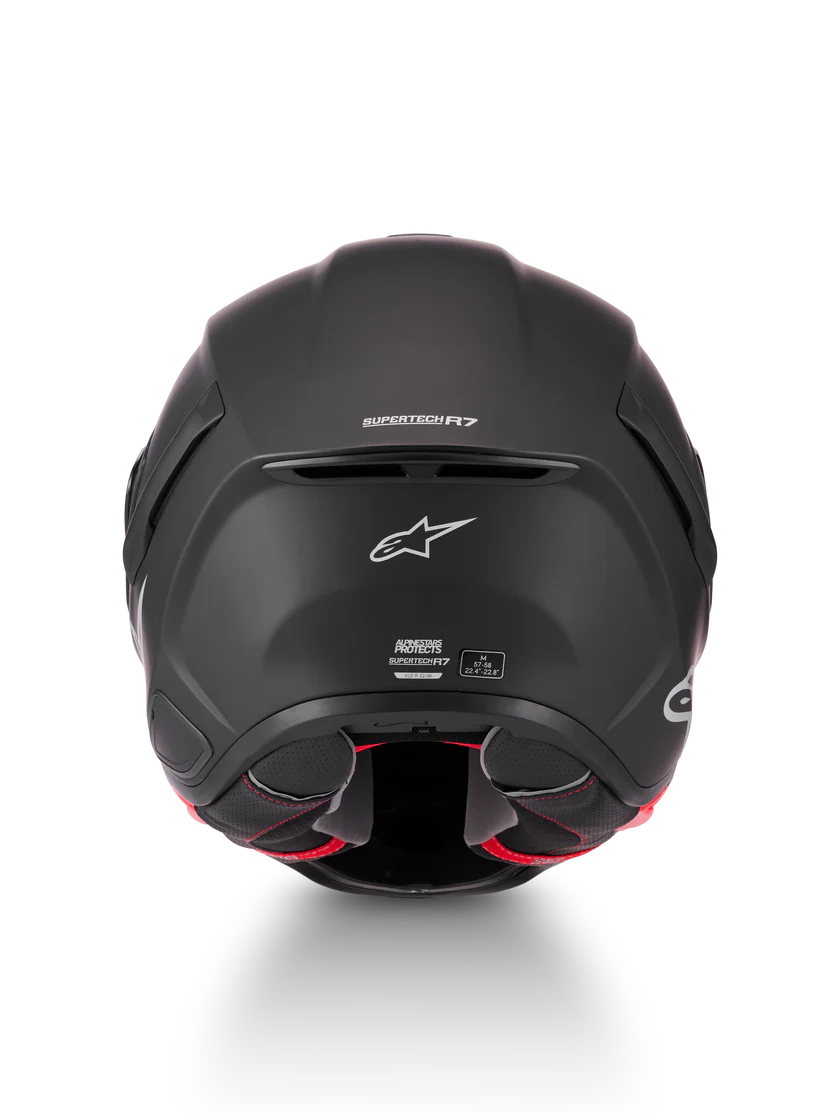 Alpinestars R7 Solid helmet with ECE 22.06 and DOT certification, shown from the front view in black with sleek design.