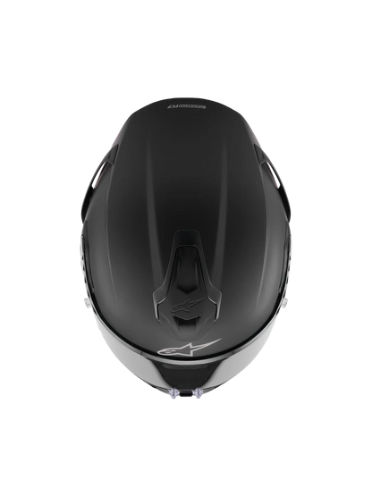 Alpinestars R7 Solid helmet with ECE 22.06 and DOT certification, featuring a sleek black design and ventilation vents.