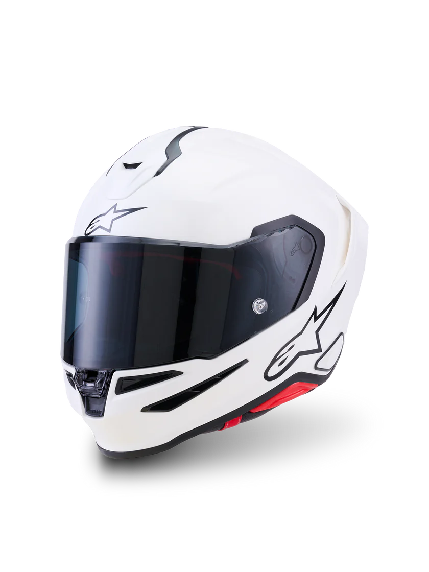 Alpinestars R7 Solid helmet with ECE 22.06 and DOT certification, shown in black with aerodynamic design and secure strap.