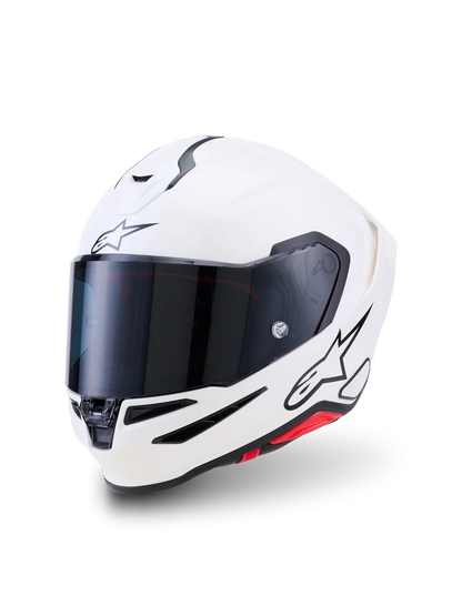 Alpinestars R7 Solid helmet with ECE 22.06 and DOT certification, shown in black with aerodynamic design and secure strap.
