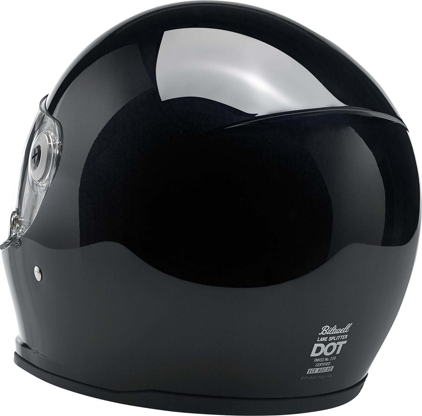 Gloss black Biltwell Lane Splitter motorcycle helmet in small size, featuring a sleek, aerodynamic design and clear face shield.