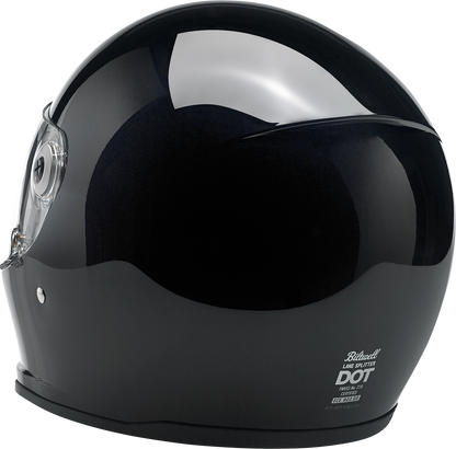Gloss black Biltwell Lane Splitter motorcycle helmet in small size, featuring a sleek, aerodynamic design and clear face shield.