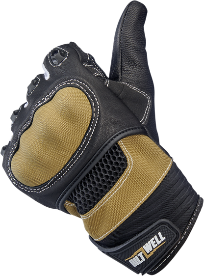 BILTWELL Bridgeport Gloves in tan, medium size, made of durable leather with detailed stitching and rugged design.