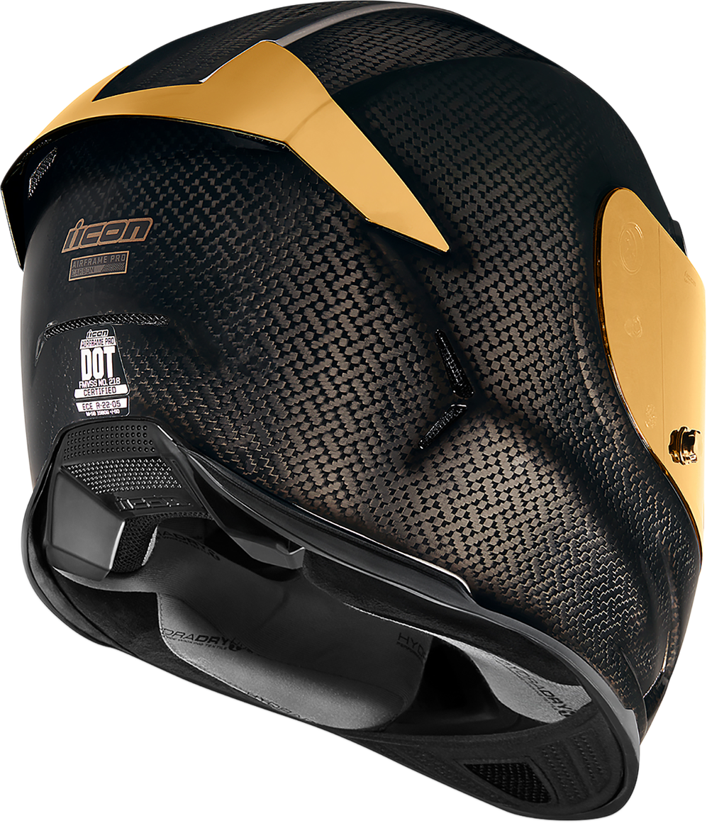 Black and gold ICON Airframe Pro™ helmet in small size with carbon shell and aerodynamic design.