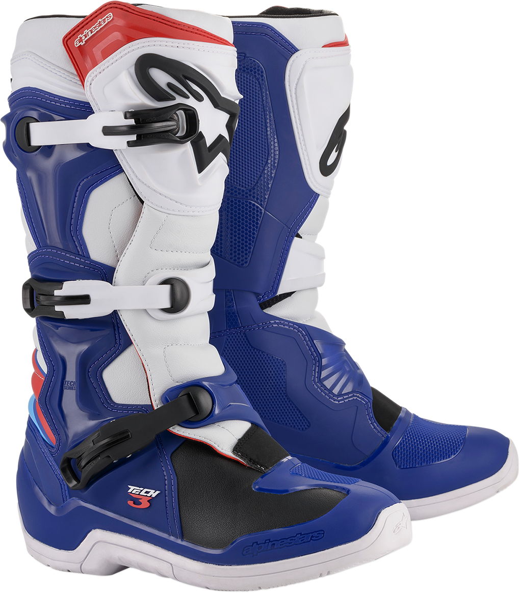 Alpinestars Tech 3 motorcycle boots in blue and white, US size 9, with reinforced ankle protection and durable sole design.