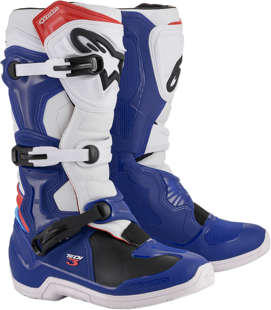 Alpinestars Tech 3 motorcycle boots in blue and white, US size 9, with reinforced ankle protection and durable sole design.