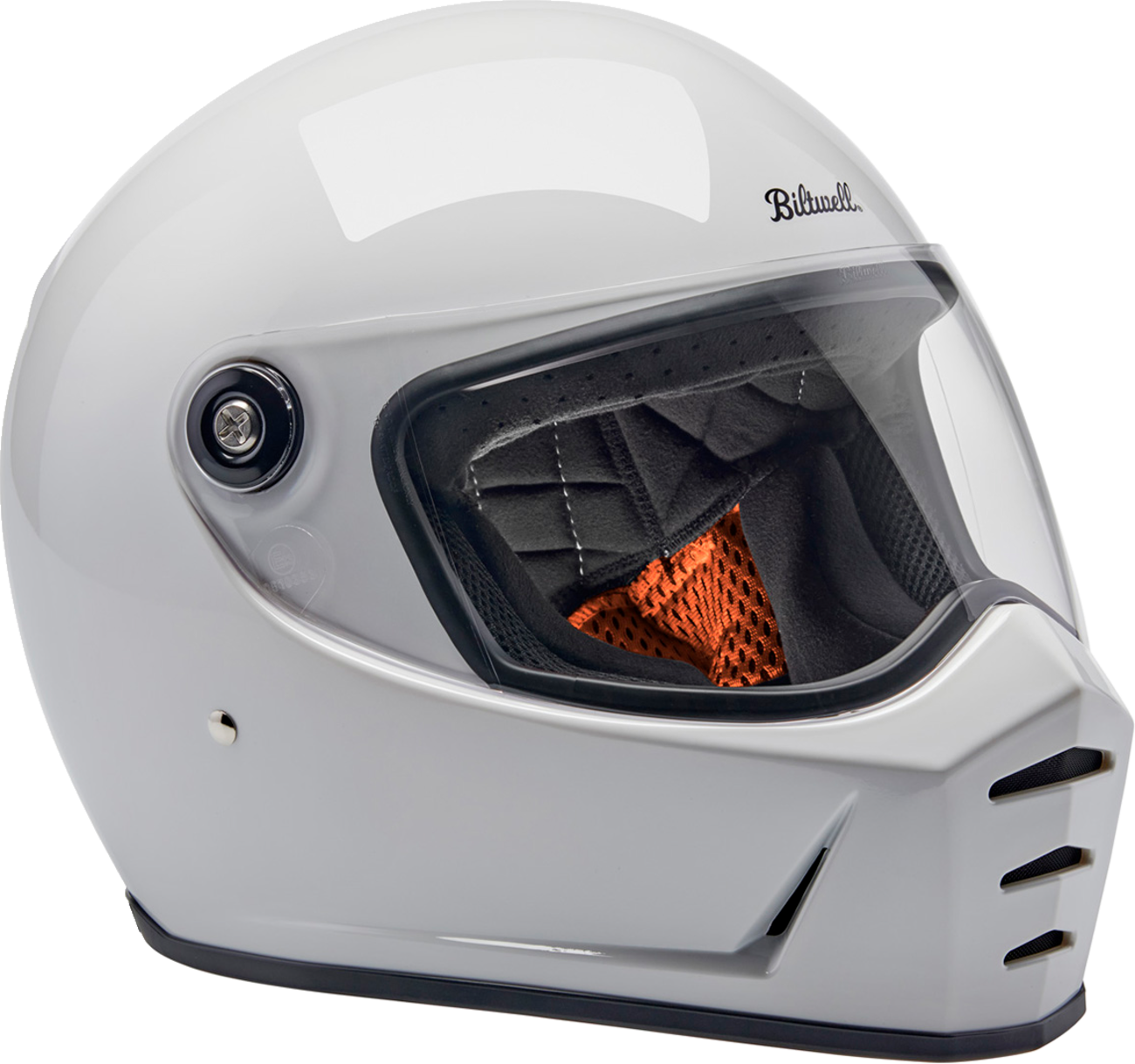 Gloss white BILTWELL Lane Splitter motorcycle helmet in medium size, featuring a sleek design and secure strap system.