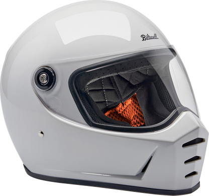 Gloss white BILTWELL Lane Splitter motorcycle helmet in medium size, featuring a sleek design and secure strap system.