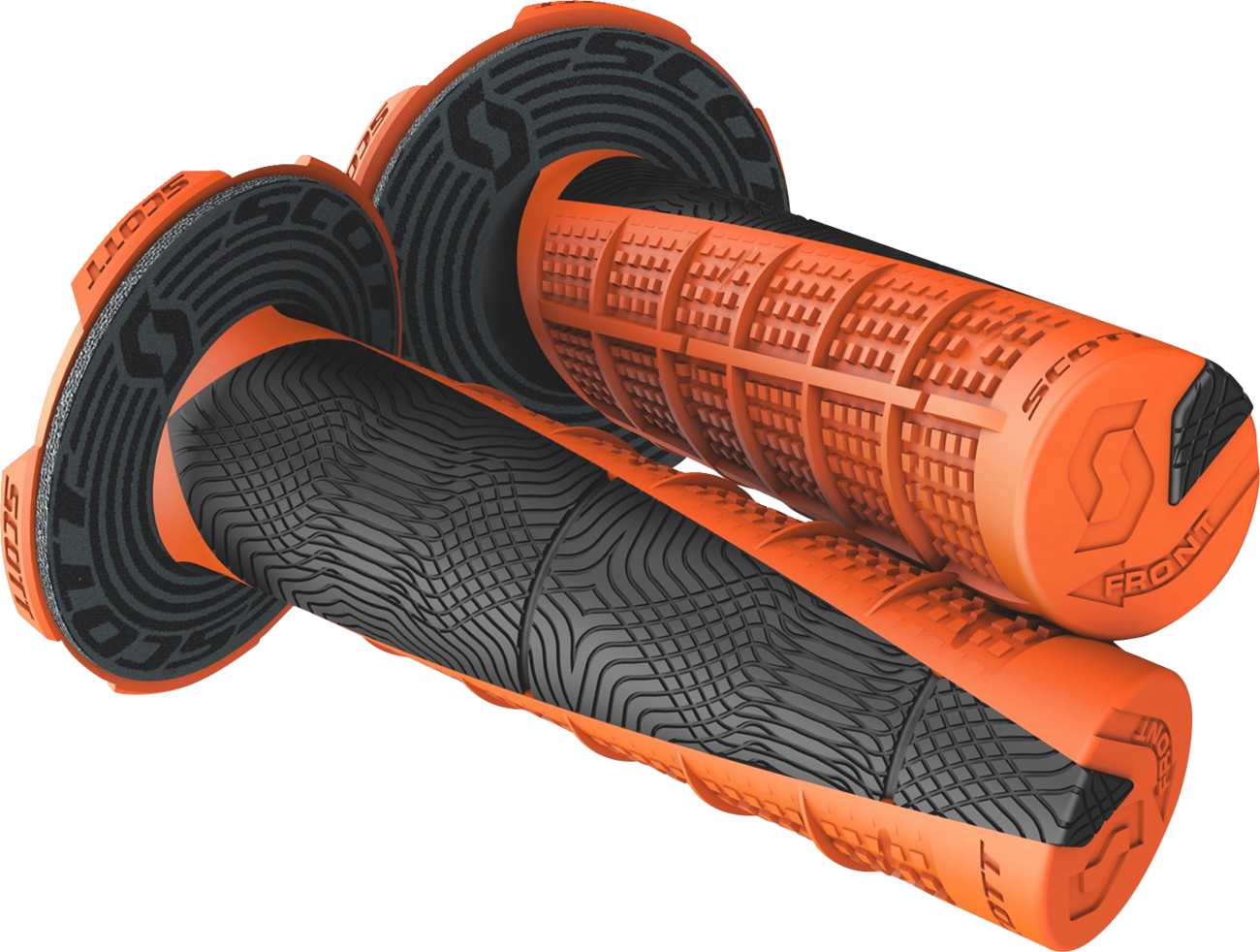 Scott Deuce motorcycle grips in orange and black, designed for engine control and comfort, with textured rubber surfaces.