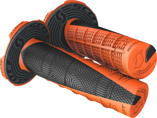 Scott Deuce motorcycle grips in orange and black, designed for engine control and comfort, with textured rubber surfaces.
