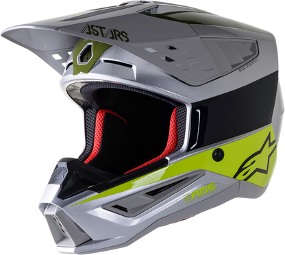 Alpinestars SM5 motorcycle helmet in silver, yellow, and green, size medium, with sleek aerodynamic design.