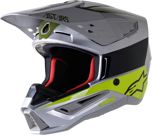 Alpinestars SM5 motorcycle helmet in silver, yellow, and green, size medium, with sleek aerodynamic design.