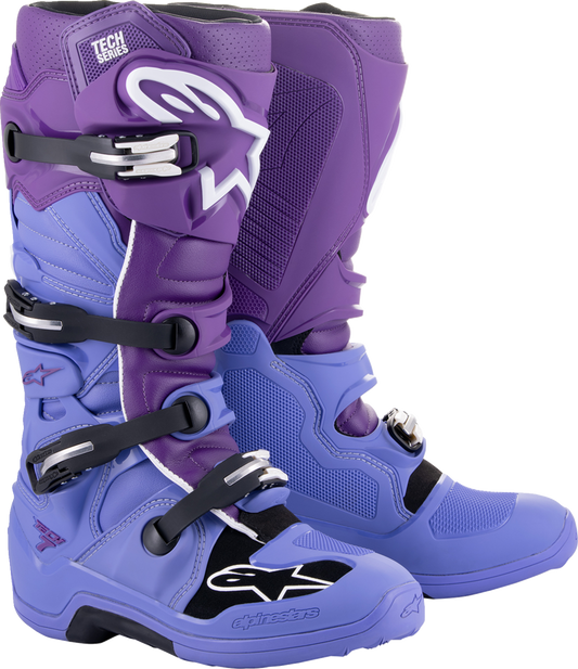 Alpinestars Tech 7 motorcycle boots in purple and white, US size 8, featuring rugged design and protective features.