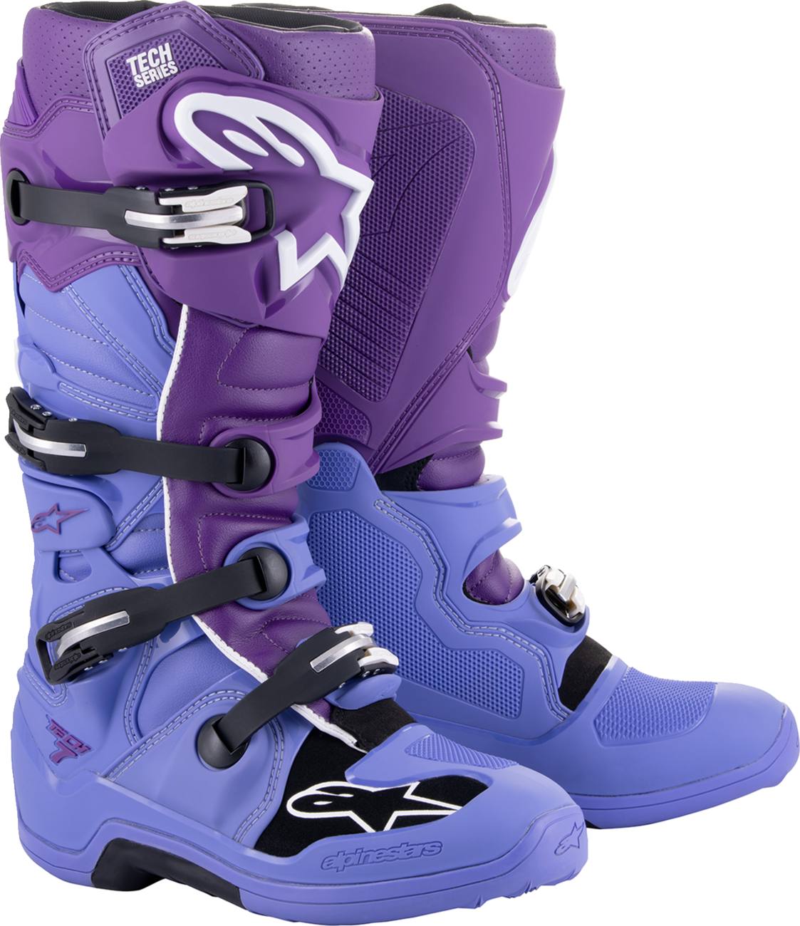 Alpinestars Tech 7 motocross boots in purple and white, US 13, featuring durable construction and protective design.