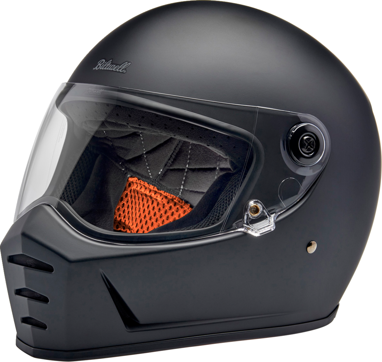 Bill's Exhausts BILTWELL Lane Splitter motorcycle helmet in flat black, large size, with sleek aerodynamic design and secure strap