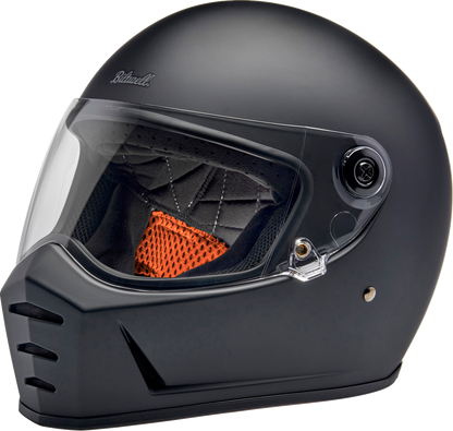 Bill's Exhausts BILTWELL Lane Splitter motorcycle helmet in flat black, large size, with sleek aerodynamic design and secure strap