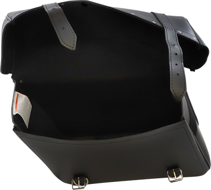 Bill's Exhausts SADDLEMEN Highwayman Rivet Slant-Style Saddlebags on motorcycle seat, featuring rivet accents and a sleek slant design.