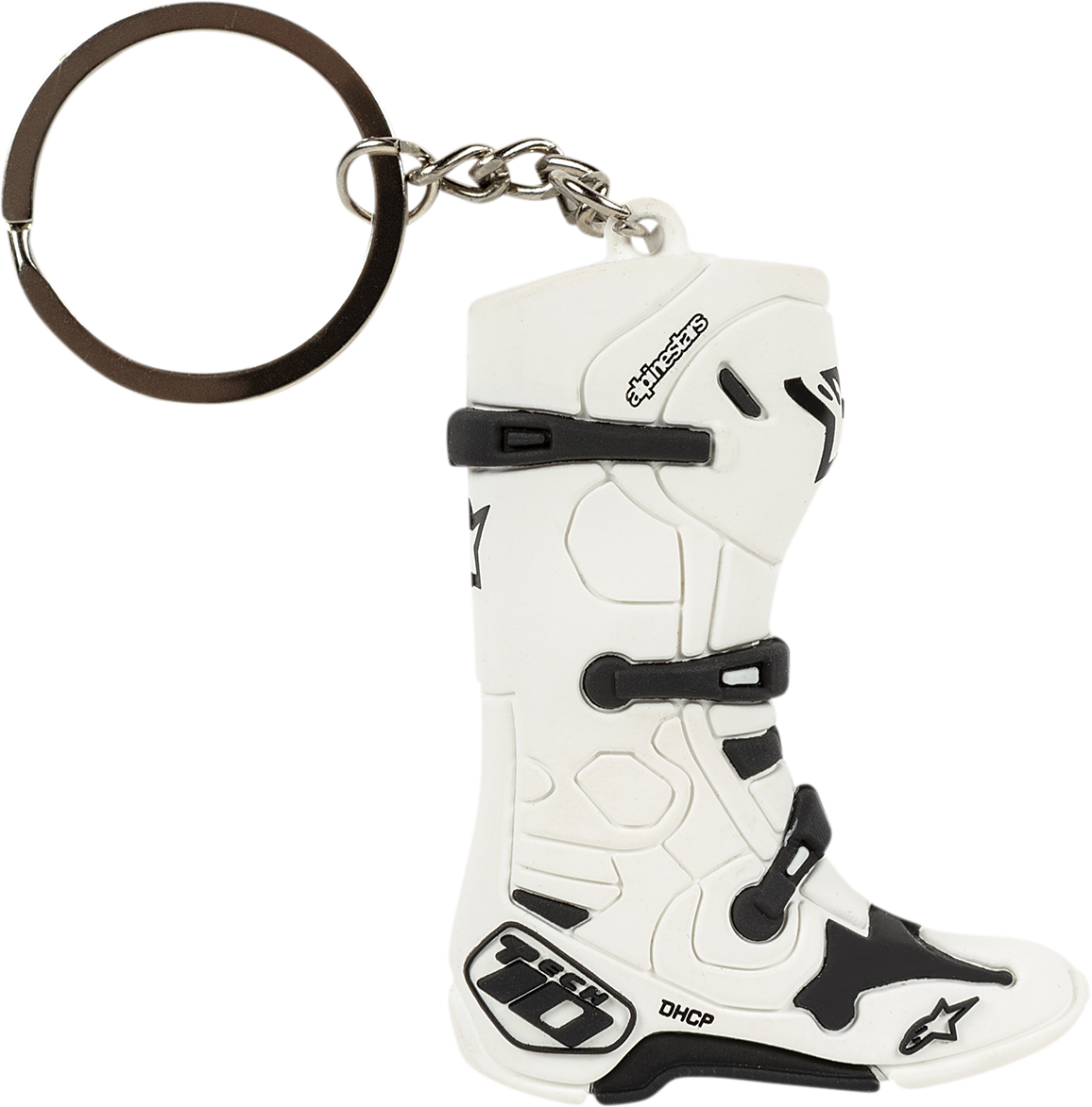 Alpinestars Tech 10 Boot key fob in white, featuring detailed design and branding, used as a protective gear accessory.
