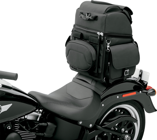 Bill's Exhausts SADDLEMEN Sissy Bar Bag seat with black leather and silver hardware, designed for motorcycle sissy bars.