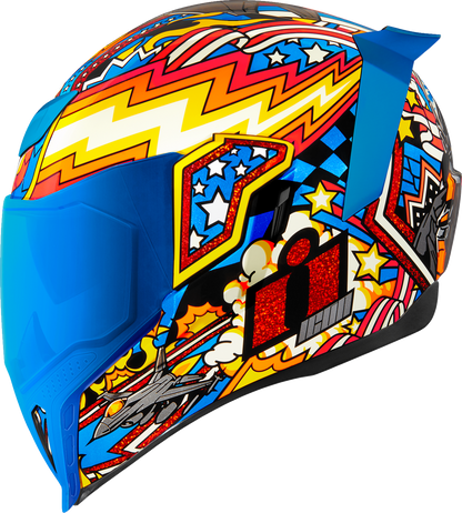 Blue ICON Airflite™ Flyboy helmet in 3XL size with aerodynamic design and clear visor, featuring bold graphics and ventilation.