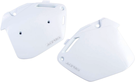 Acerbis white side panels for motorcycle body, featuring sleek design and brand logo, compatible with specific models.