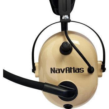 Bill's Exhausts NAVATLAS beige over-the-head stereo and VOX headset with adjustable headband and cushioned ear cups.