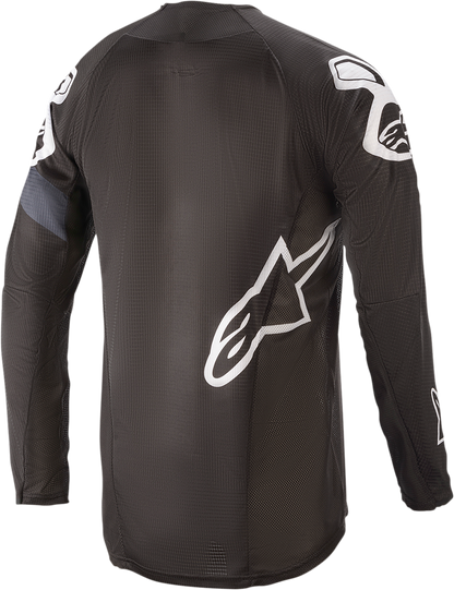 Alpinestars Techstar long-sleeve motorcycle jersey in black and gray, large size, featuring breathable fabric and branding details.