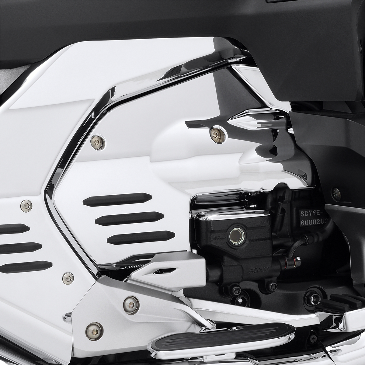 Chrome engine side cover for Honda GL1800 motorcycle, branded by Bill's Exhausts, showcasing polished metal finish.