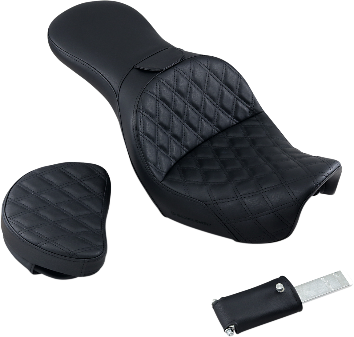 Black SADDLEMEN Explorer motorcycle seat with backrest and lattice stitching for FXD models, designed by Bill's Exhausts.