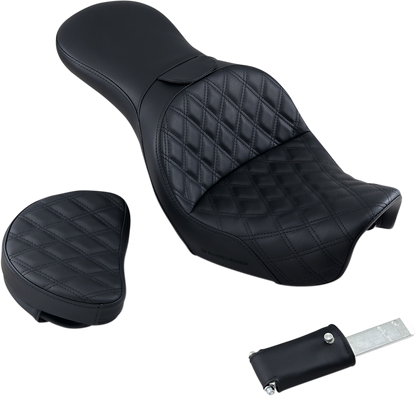 Black SADDLEMEN Explorer motorcycle seat with backrest and lattice stitching for FXD models, designed by Bill's Exhausts.