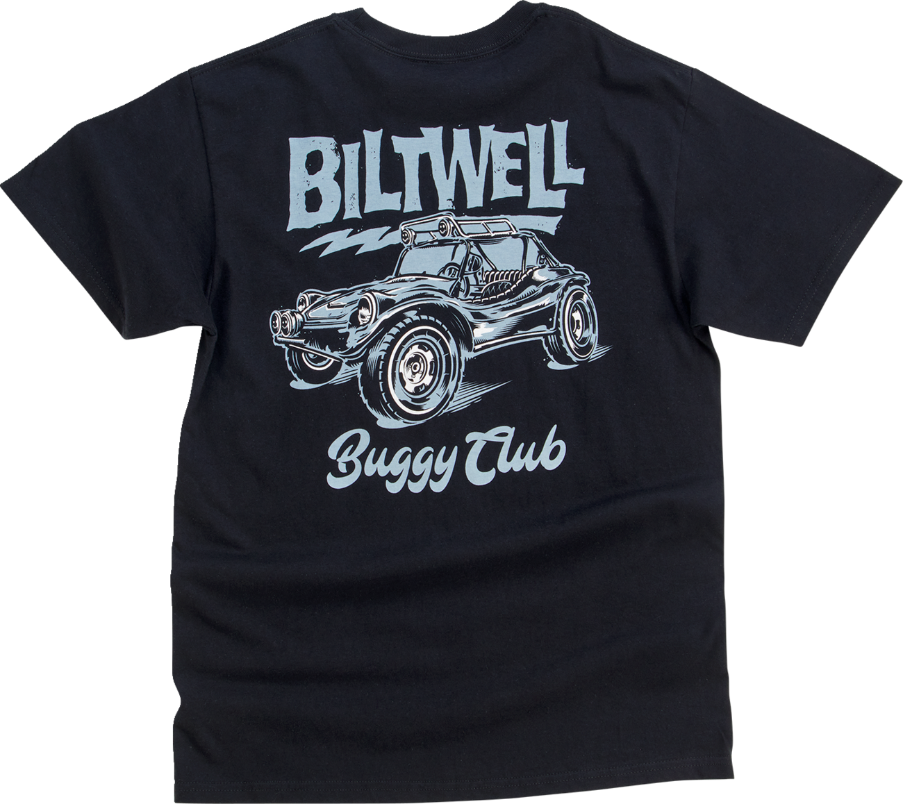 Black BILTWELL Buggy T-Shirt in Small size featuring a classic fit and graphic design, made by Bill's Exhausts.