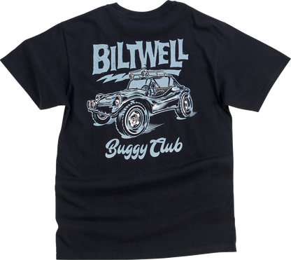 Black BILTWELL Buggy T-Shirt in Small size featuring a classic fit and graphic design, made by Bill's Exhausts.