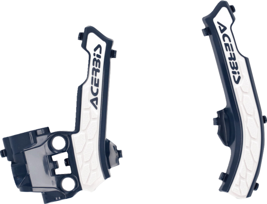 Blue and white Acerbis X-Grip frame guards for motorcycle body protection, designed for durability and style.