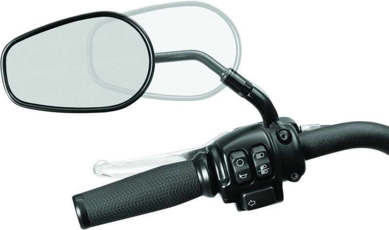 Kuryakyn Black 3-inch outward mirror stem extenders for powersports motorcycle mirrors, part #1216, shown attached to handlebars