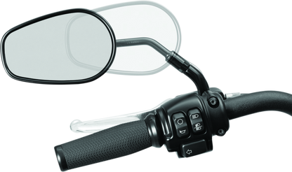 Kuryakyn Black 3-inch outward mirror stem extenders for powersports motorcycle mirrors, part #1216, shown attached to handlebars