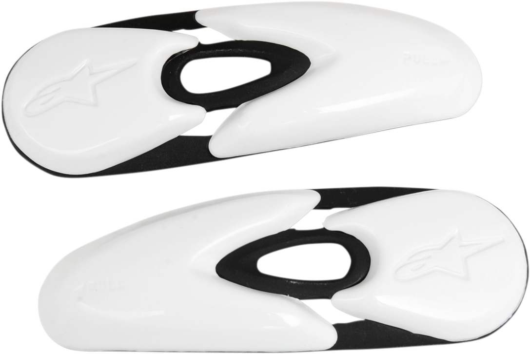 White Alpinstars toe sliders for motorcycle boots, part number 25SLI6-20, shown on a plain background.
