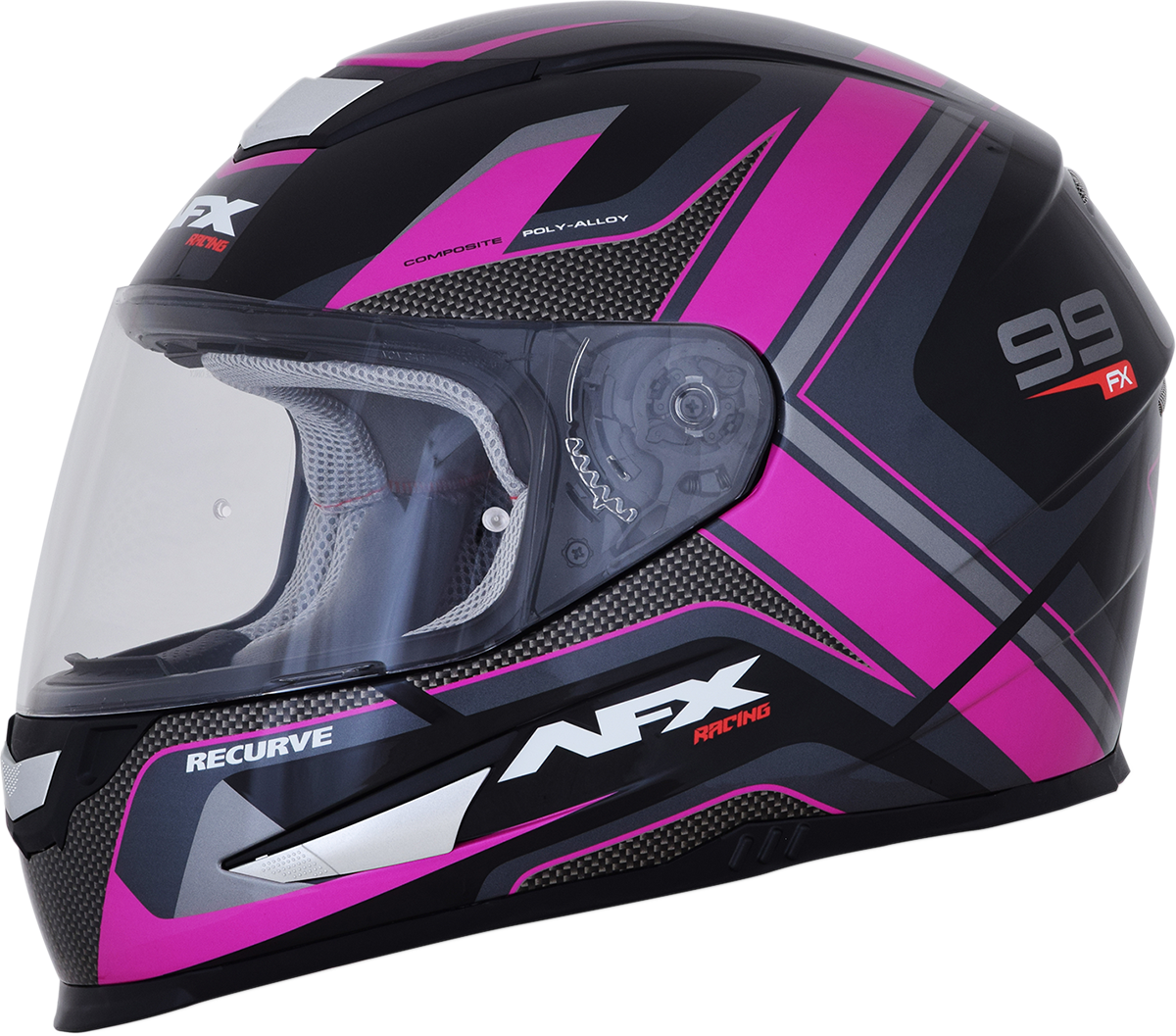 Black and fuchsia AFX FX-99 helmet with recurve design, small size, featuring a sleek aerodynamic shape and secure chin strap.
