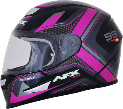 Black and fuchsia AFX FX-99 helmet with recurve design, small size, featuring a sleek aerodynamic shape and secure chin strap.